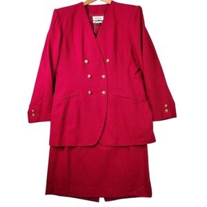 VTG Kasper ASL 2PC Sz 12 Burgundy Double Breasted Wool Skirt Suit Gold Buttons